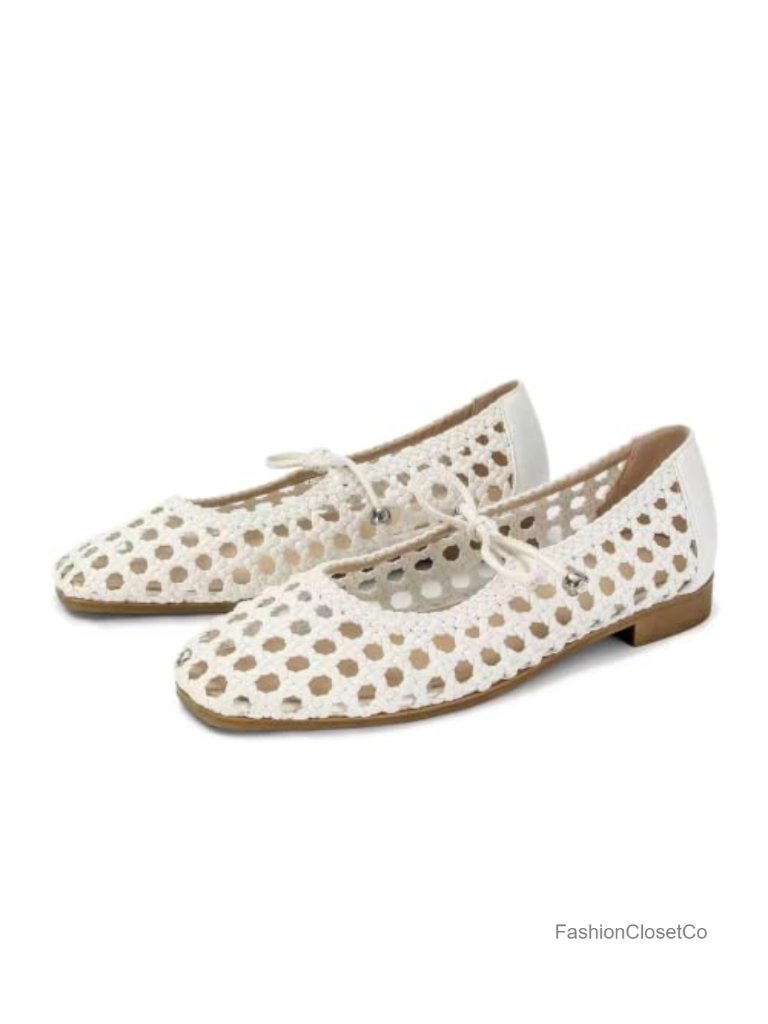 Woven Ballet Flats Mesh Mary Janes Square Toe Strap Ballerina Flat Comfortable